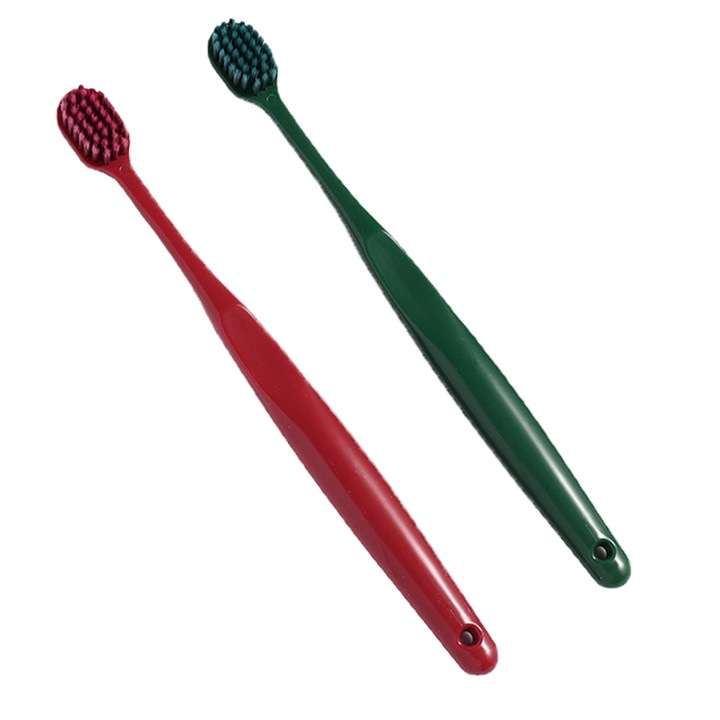 2 db-os kézi fogkefe készlet, puha, a fogak és az íny gyengéd tisztításához, piros/zöld, 18,5x1,5 cm
