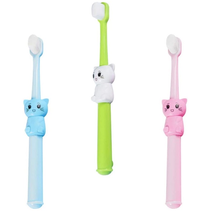 3 darab gyermek fogkefe szett, macska design, mélytisztítás, többszínű