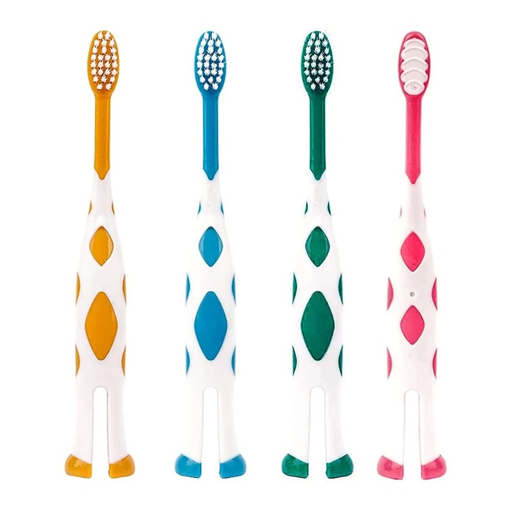 Gyerek fogkefekészlet, 4 darabos, zsiráf mintával, többszínű, csúszásmentes nyéllel