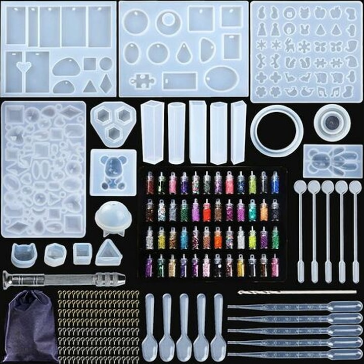 Set kit de bijuterii din rășină, 19 matrițe din silicon, pigmenti, unelte, multicolor, pentru începători și adulți