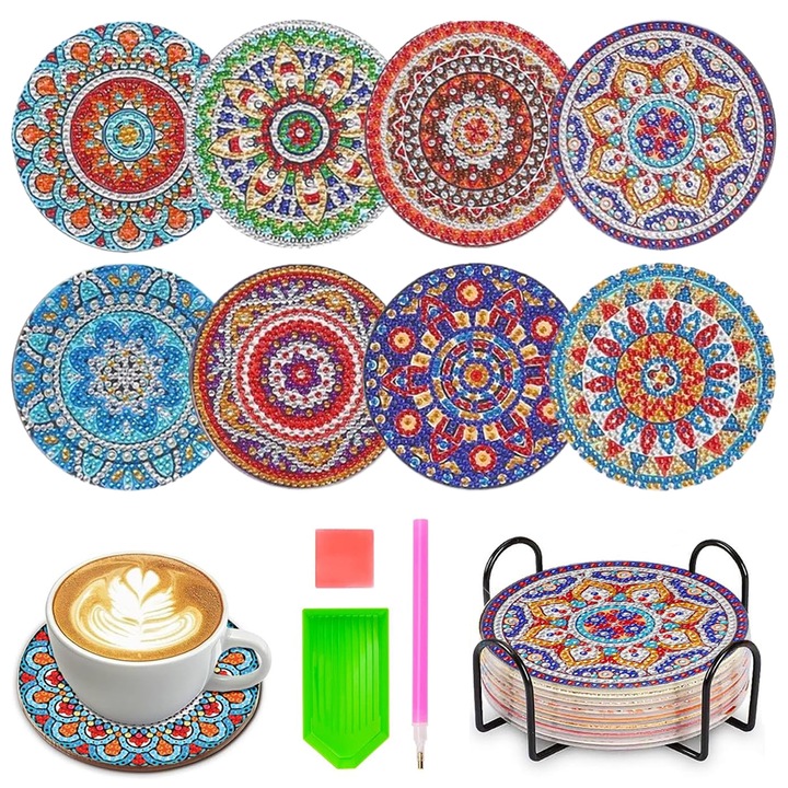 Set de artizanat 8 suporturi bauturi, AMRINUGL, modele mandala, diametru 10 cm, cu suport