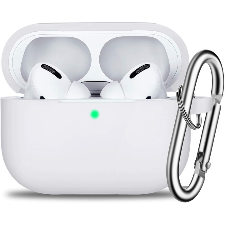 Fülhallgató tok, szilikon, AirPods Pro-val kompatibilis, fehér, karabinerrel, vízálló