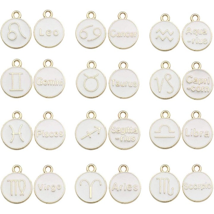 Set 24 Pandantive Zodiac, Emaiate, Alb, 12x15mm