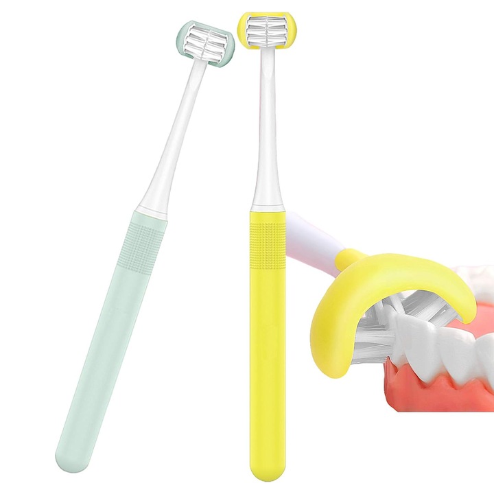 2 gyermek fogkefe készlet, polipropilén / TPE, 3 oldal, teljes tisztítás, kék / sárga