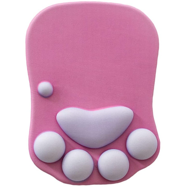 Mousepad cu suport pentru incheietura, model labuta de pisica, 27x20 cm, roz/alb