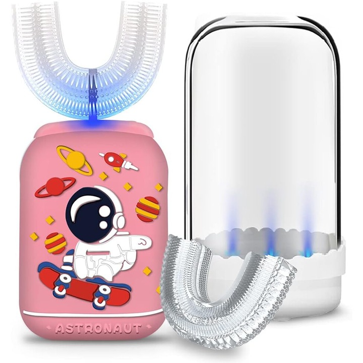 Periuta de dinti electrica pentru copii, U-Shape Astronaut, ultrasonica, baza de incarcare wireless, cana de clatire, IPX7, 2 capete de periere, 5 moduri de curatare, timer inteligent, 2-6 ani, multicolor