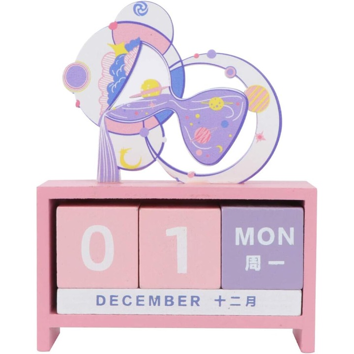 Calendar de birou tip cub, 13.4x10.6 cm, din lemn, mov/roz