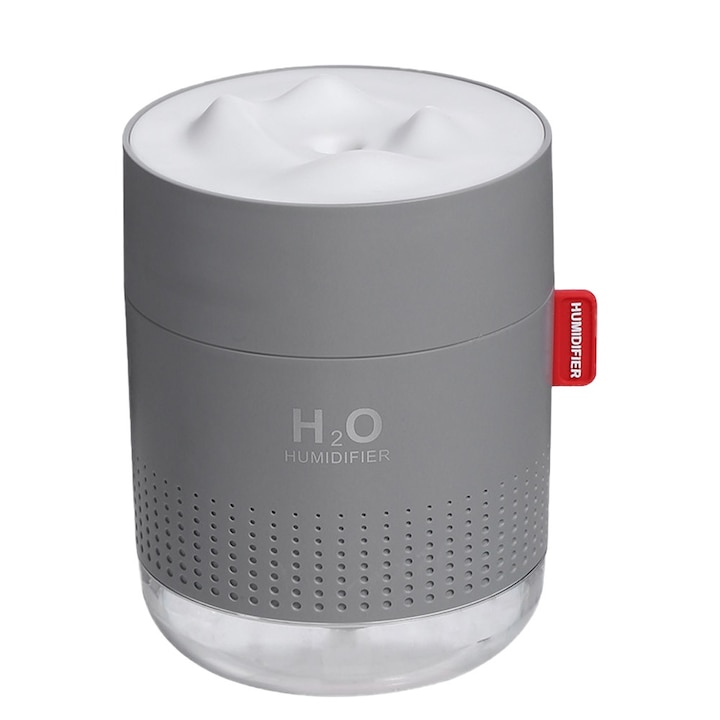 Hordozható párásító 500 ml, 2 permetezési mód, éjszakai fény, szürke, 9,5x9,5x12,9 cm