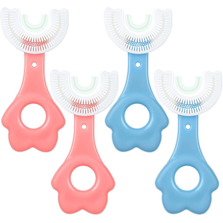 4 db U-alakú gyermek fogkefe szett, szilikon, rózsaszín és kék, Cat's Claw Shape fogantyúval