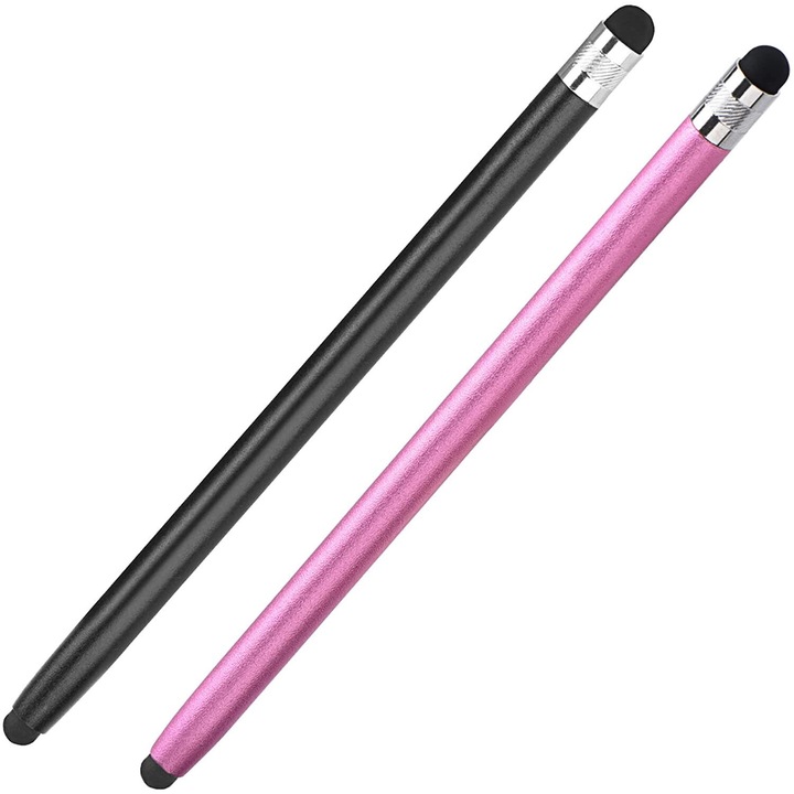Set 2 creioane stylus pentru ecrane tactile, varfuri de cauciuc interschimbabile, negru/roz auriu