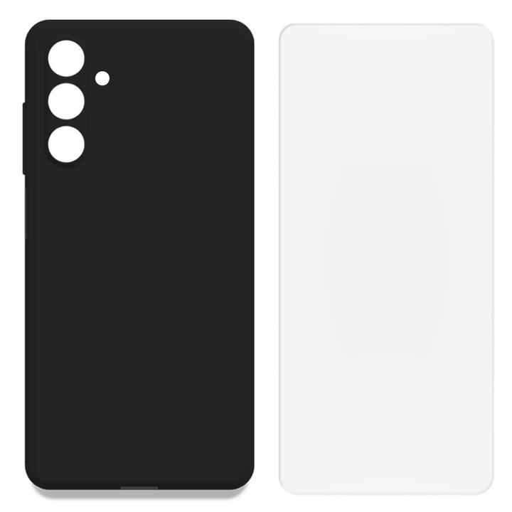 Защитен комплект, съвместим със Samsung Galaxy M55, силиконов капак с микрофибър FONIX BloomShield и регенерируемо силиконово фолио, ултраустойчив, защита на камерата, повдигнати ръбове, ултратънък, черен