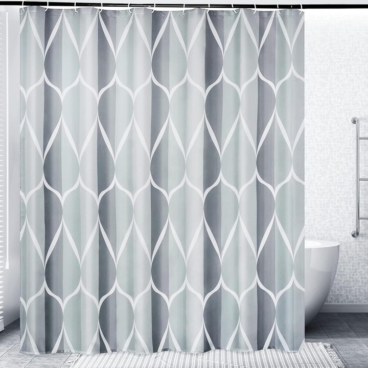 Set de Perdele de Dus, Geometric Ogee, Gri, 183x198cm