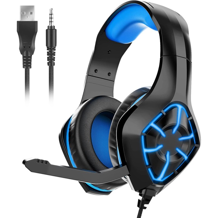 Casti Gaming cu Anulare Zgomot, Microfon, Lumini LED, Stereo, Pliabile, Albastru