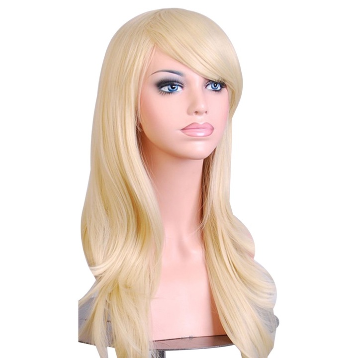 Set peruca sintetica ondulata cu breton, blond, 70cm