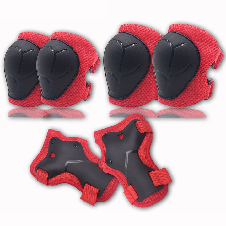 Set protectie pentru copii, genunchiere, cotiere, manusi, nylon, rosu/negru