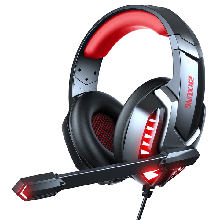 Casti Gaming Over-Ear, Erxung, Sunet Surround Stereo, Microfon Anulare Zgomot, Lumini LED, Albastru/Rosu
