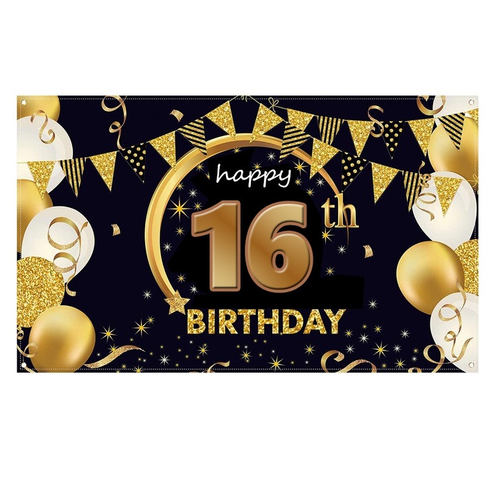 Banner pentru fotografii, Aniversare 16 ani, Negru/Auriu