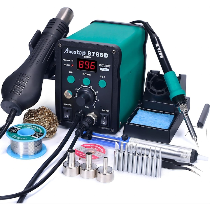 Станция за запояване, 2 в 1 с letcon и горещ въздух, Max 480°C, въздушен поток 120L/min, функция за стабилизиране на напрежението, с дисплей, 10 накрайника letcon и 3 дюзи за горещ въздух