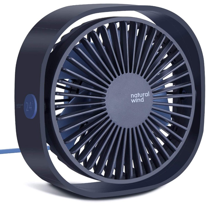 Ventilator mini USB portabil Fokelyi, 3 viteze ajustabile, rotire 360°, albastru