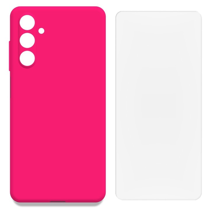 Защитен комплект, съвместим със Samsung Galaxy A35 5G, силиконов капак с микрофибър FONIX BloomShield и регенерируемо силиконово фолио, ултраустойчив, защита на камерата, повдигнати ръбове, ултратънък, неоново розово