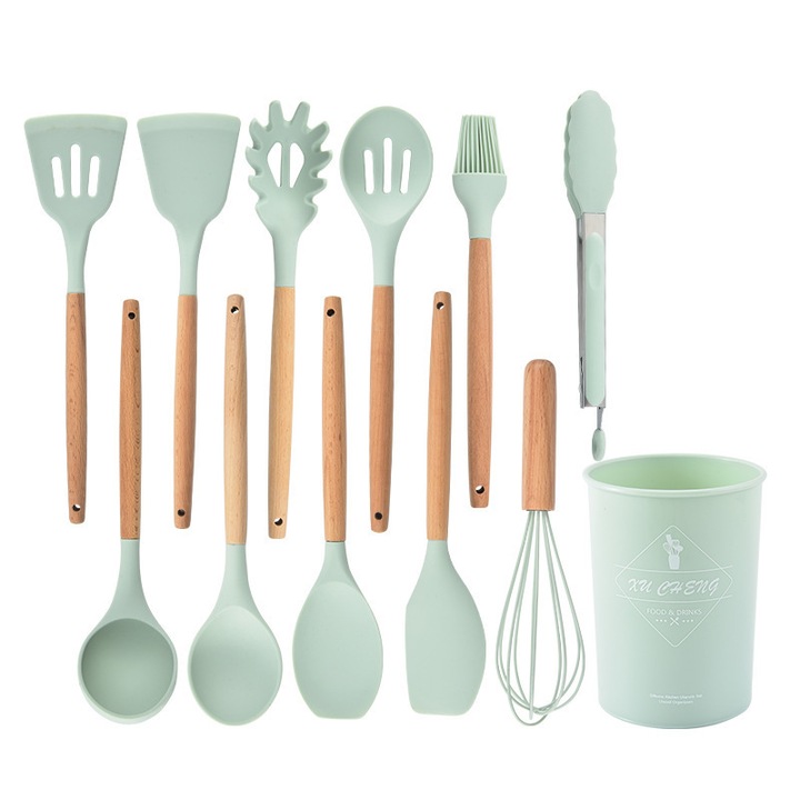 Set 12 ustensile de bucatarie, Silicon, Verde deschis