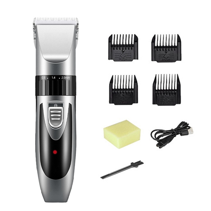 Masina de tuns, mini kit de tuns, 4 piepteni de ghidare, portabil, argintiu