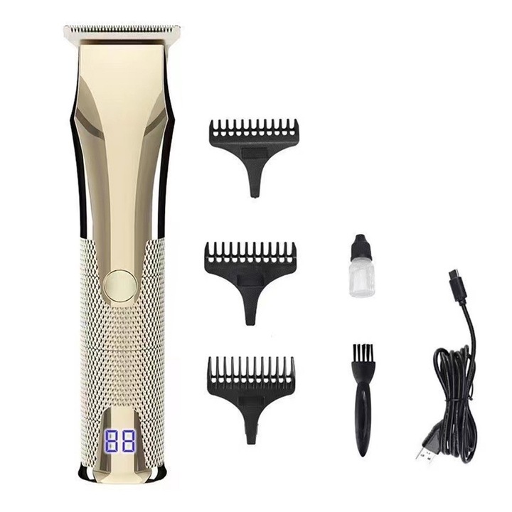 Aparat de tuns profesional, multifunctional, incarcare USB, afisaj LED, auriu