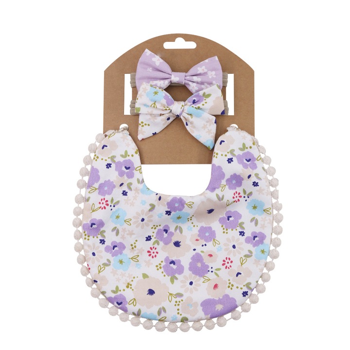 Set baveta reversibile si bandana pentru bebelusi, crosetat, floral, ajustabil