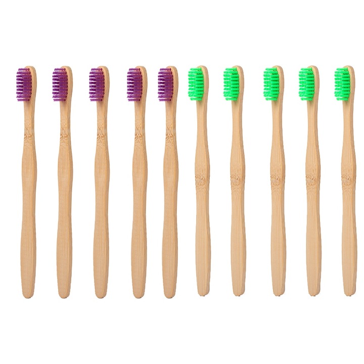 10 darabos bambusz fogkefe készlet, biológiailag lebomló, puha sörtékkel, többszínű