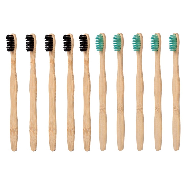 10 darabos bambusz fogkefe készlet, biológiailag lebomló, puha sörtékkel, többszínű