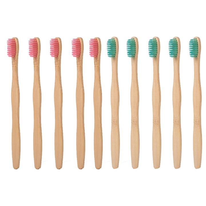 10 darabos bambusz fogkefe készlet, biológiailag lebomló, puha sörtékkel, többszínű