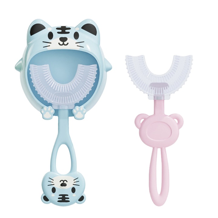 Gyermek fogkefe, U-alakú, szilikon, falra szerelhető tartóval, többszínű