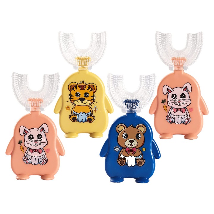 4 darab klasszikus gyermek fogkefe szett, puha szilikon, levehető fejjel, többszínű