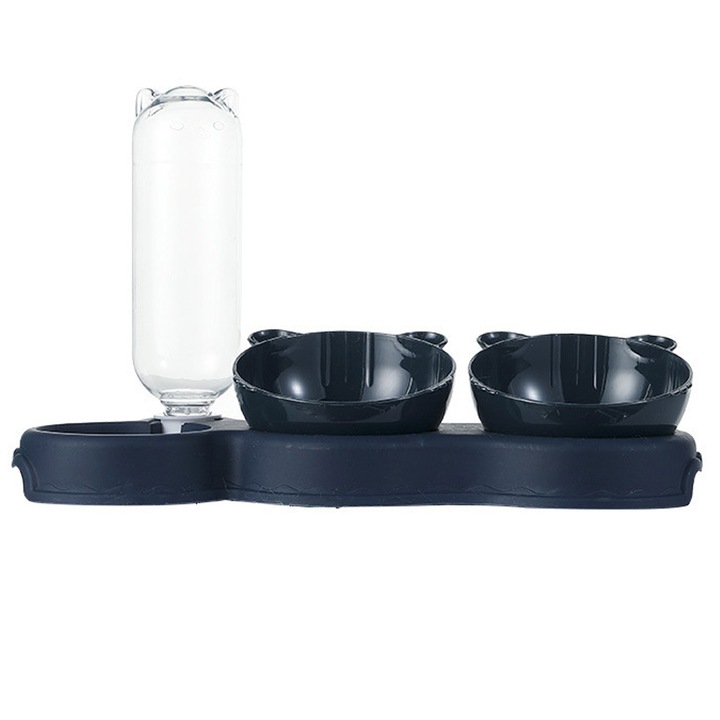 Set castron pentru animale, dublu, reglabil si rotativ, cu dozator apa gravitational, albastru marin