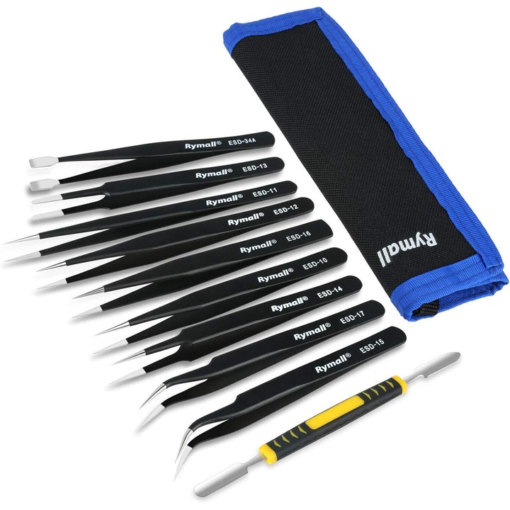 Set pensete de precizie anti-statice, inoxidabile, 10 bucati, negru