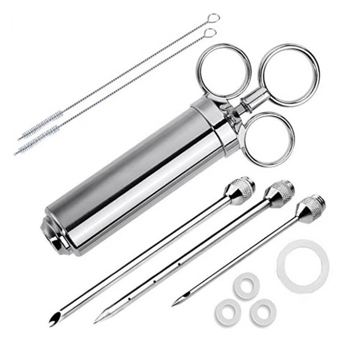 Seringa pentru marinat, set ustensile gratar, inox, 60ml, cu 3 ace, 4 inele de schimb, 2 perii de curatare