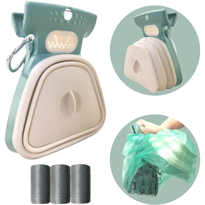 Set Lopatica pentru curatare deseuri animale si 3 saci menajeri, Extensibil, cu Carabina, Bej/Verde