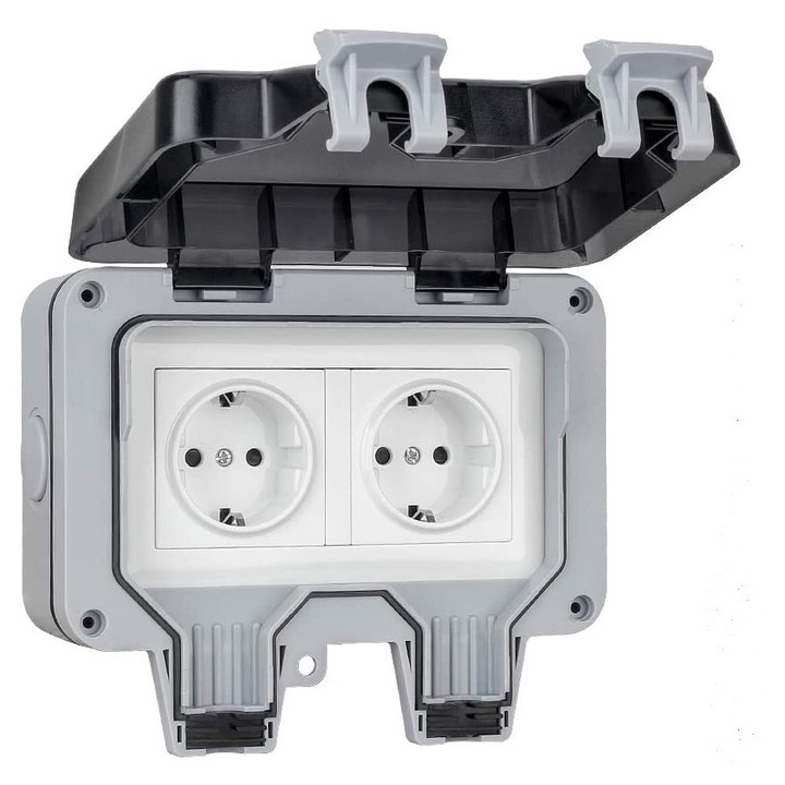 Priza dubla pentru exterior, policarbonat, rezistenta la intemperii si praf, 81 x 110 x 168 mm, gri/alb