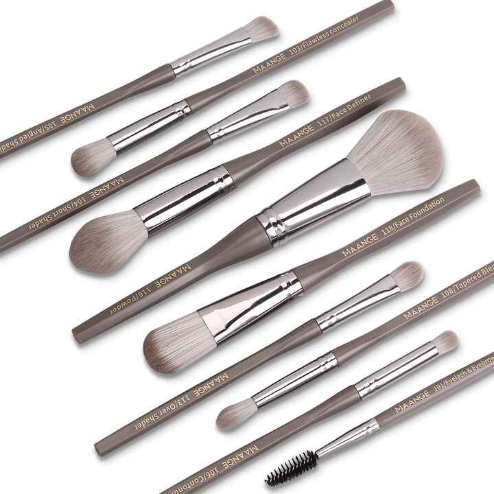 Sminkecset készlet, Enforose, 10 darab, szintetikus szálak, fa nyél, szürke