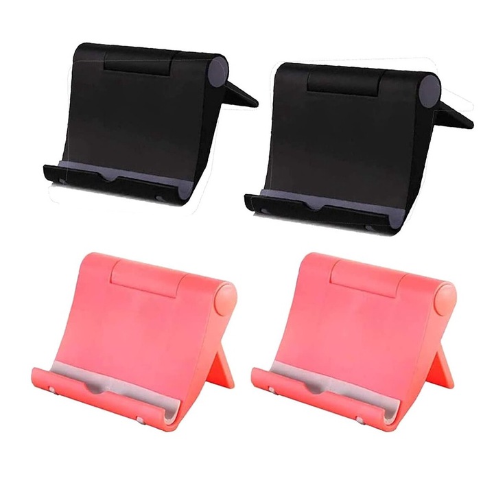 Set 4 suporturi universale pentru telefon si tableta, reglabil, portabil, roz/negru