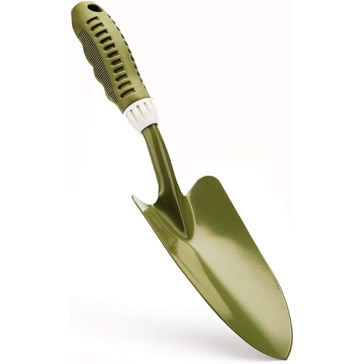 Szénacél kerti lapát, 34,9 cm x 9,9 cm, olívazöld színű, puha PVC nyéllel