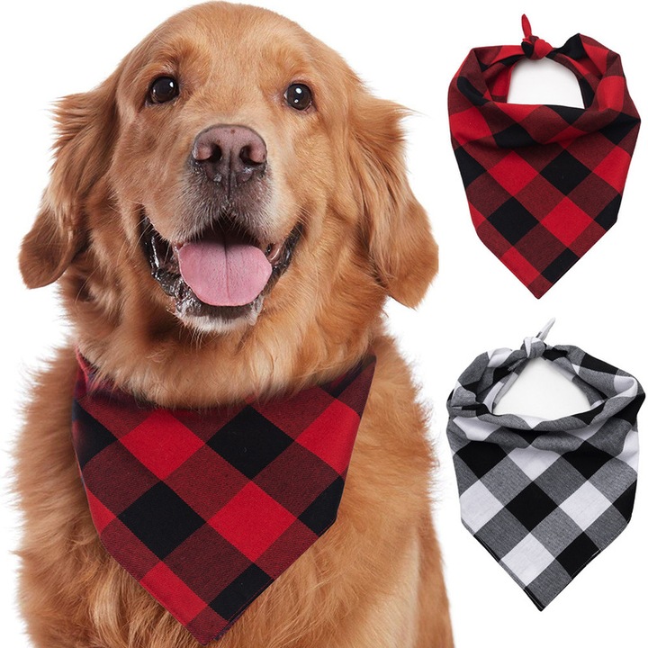 Set 2 Bandane pentru Caini, Triunghiulare, Bumbac, Negru cu Alb si Negru cu Rosu, 45x64cm