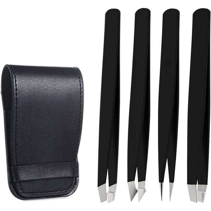 Set 4 pensete pentru sprancene, inox, etui piele, negru