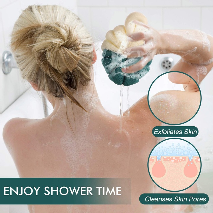Burete de dus pentru baie, minge de dus cu plasa mare, pentru gel de dus, scrubber moale pentru corp, exfoliant pentru o piele matasoasa, curatare completa, spuma, pachet de 4 - accesorii de baie perfecte pentru frumusete