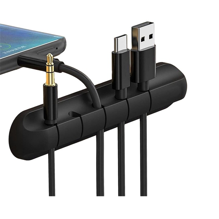 Organizator cabluri, adeziv, negru