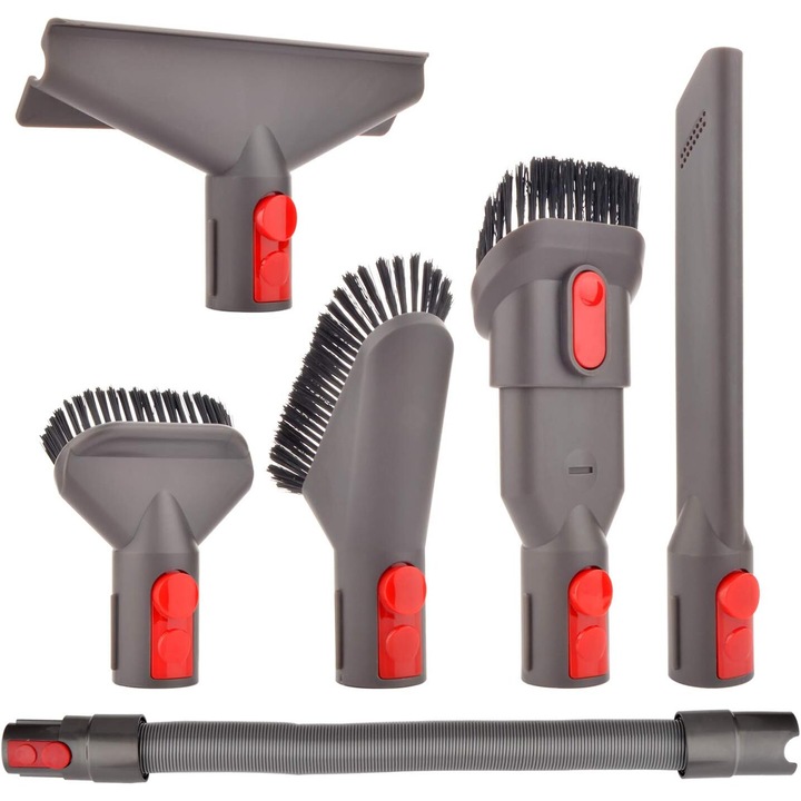 Set accesorii aspirator Enforose, 6 piese, extensie furtun 150cm, perie dura, perie pentru saltele, rosu