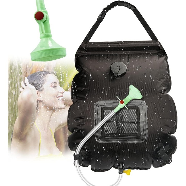 Geanta de dus pentru camping in aer liber, incalzire solara 20 l cu furtun flexibil detasabil si duza cu glisiere on-off, pentru camping, pescuit, festivaluri de alpinism