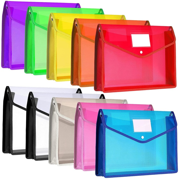 Set 9 Dosare Envelope, Plastic Transparent, Impermeabil, cu Buzunar, Multicolor, 37.6x29.2cm