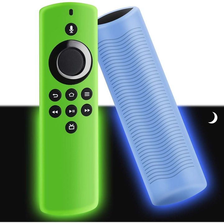 Set 2 Huse telecomanda silicon fluorescent, antiderapanta, cu curea, verde/albastru
