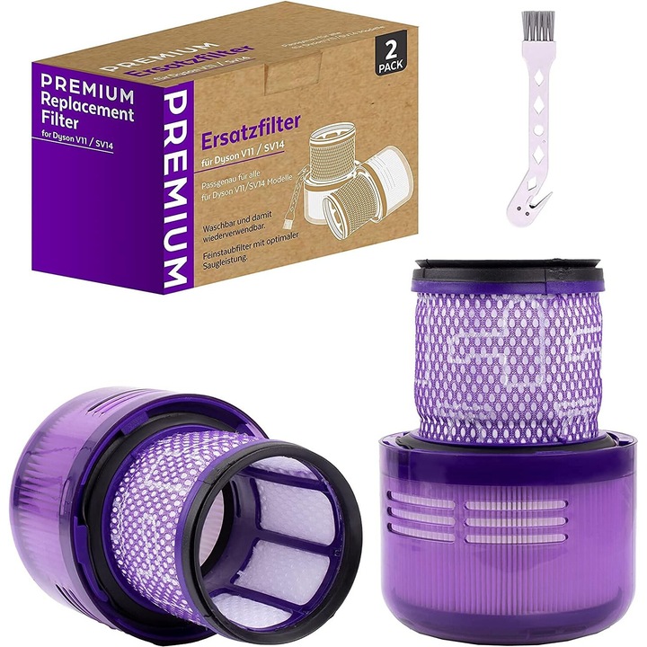 Set 2 filtre lavabile pentru aspirator Dyson V11, SV14, perie curatare, multicolor
